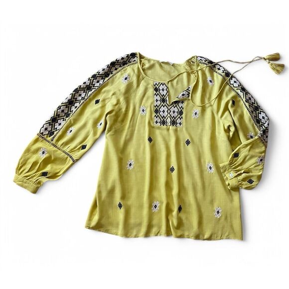 Solitaire Women’s Yellow Tasseled Embroidered Long Sleeve Boho Blouse size L - Picture 1 of 8